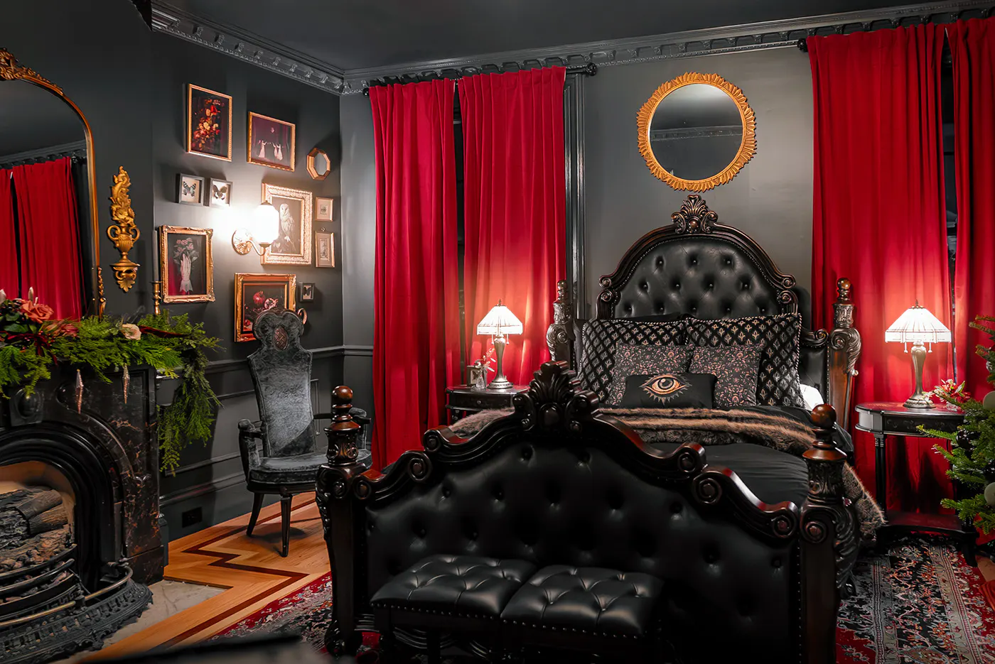 Interior photography of a dramatic black and red bedroom